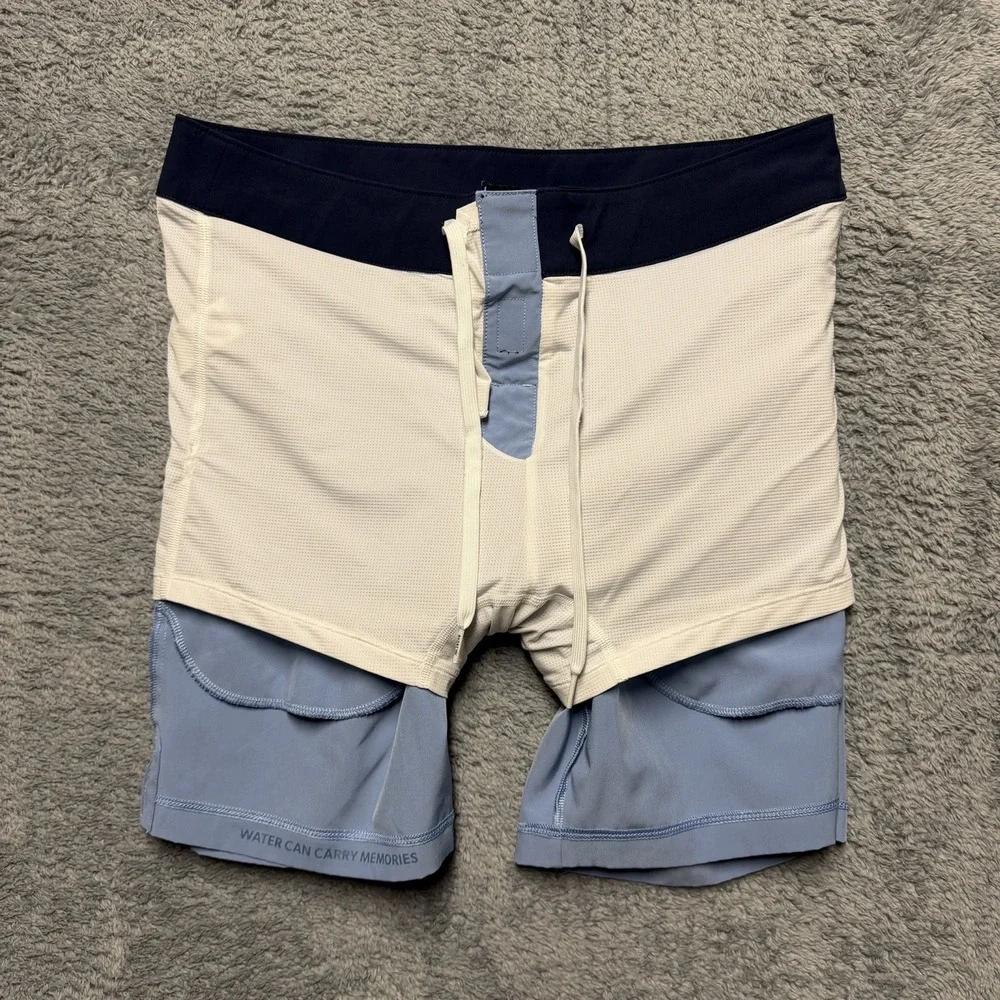 Rhone Point Break Board Shorts Mens‎ 31x7 Blue Mesh Lined Drawstring Zip Pocket